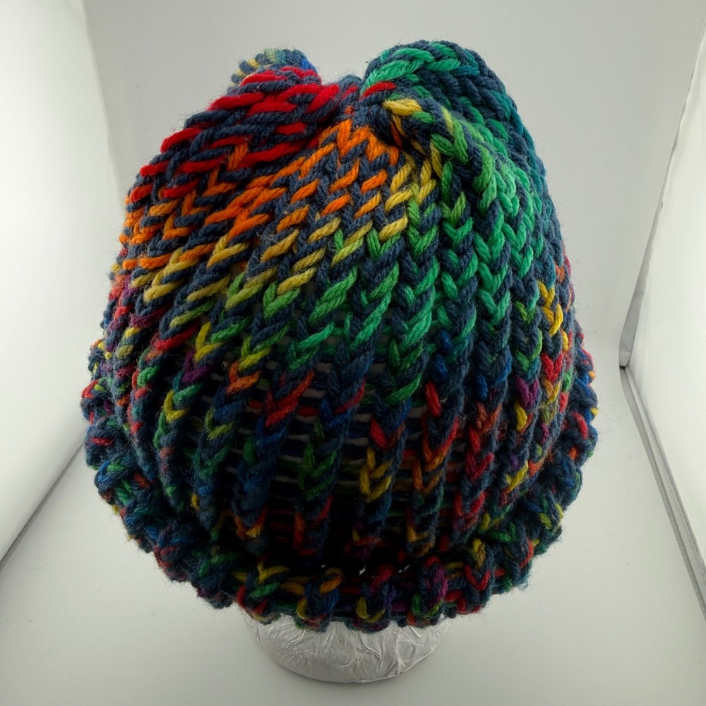 Handmade Rainbow Knit Beanie Navy Blue Multi Color Acrylic Unisex Winter Hat